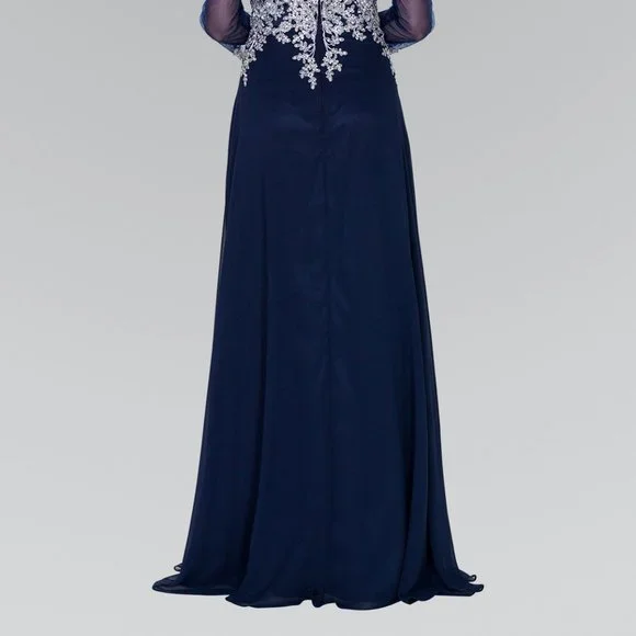 NEW LONG CHIFFON TRUMPET EMBROIDERED DRESS WITH 3\4 SLEEVES & ZIPPER BACK GL1368
